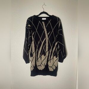 Vintage Ellen-D Collection Abstract Knit Sweater Dress Tunic Black Gold USA